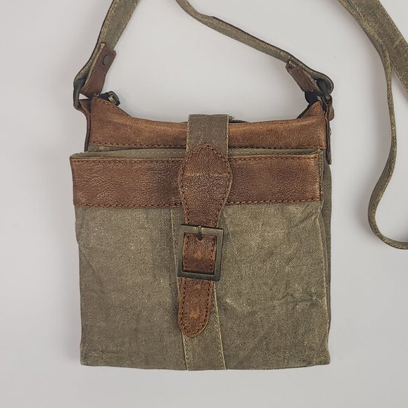 Mona B Unisex Crossbody Brown Canvas With Leather Accents - Picture 3 of 8